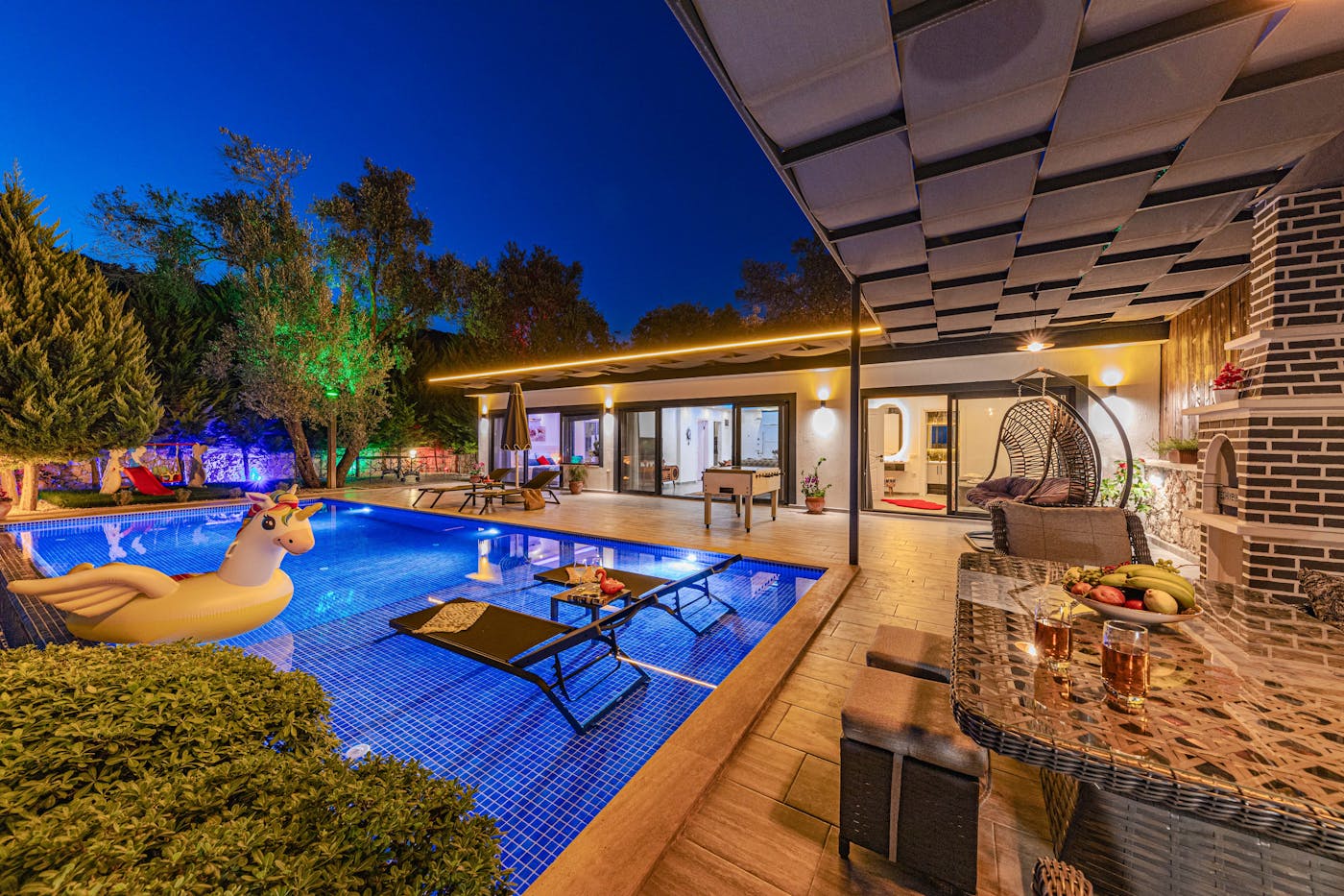 Luxurious villa with pool in evening